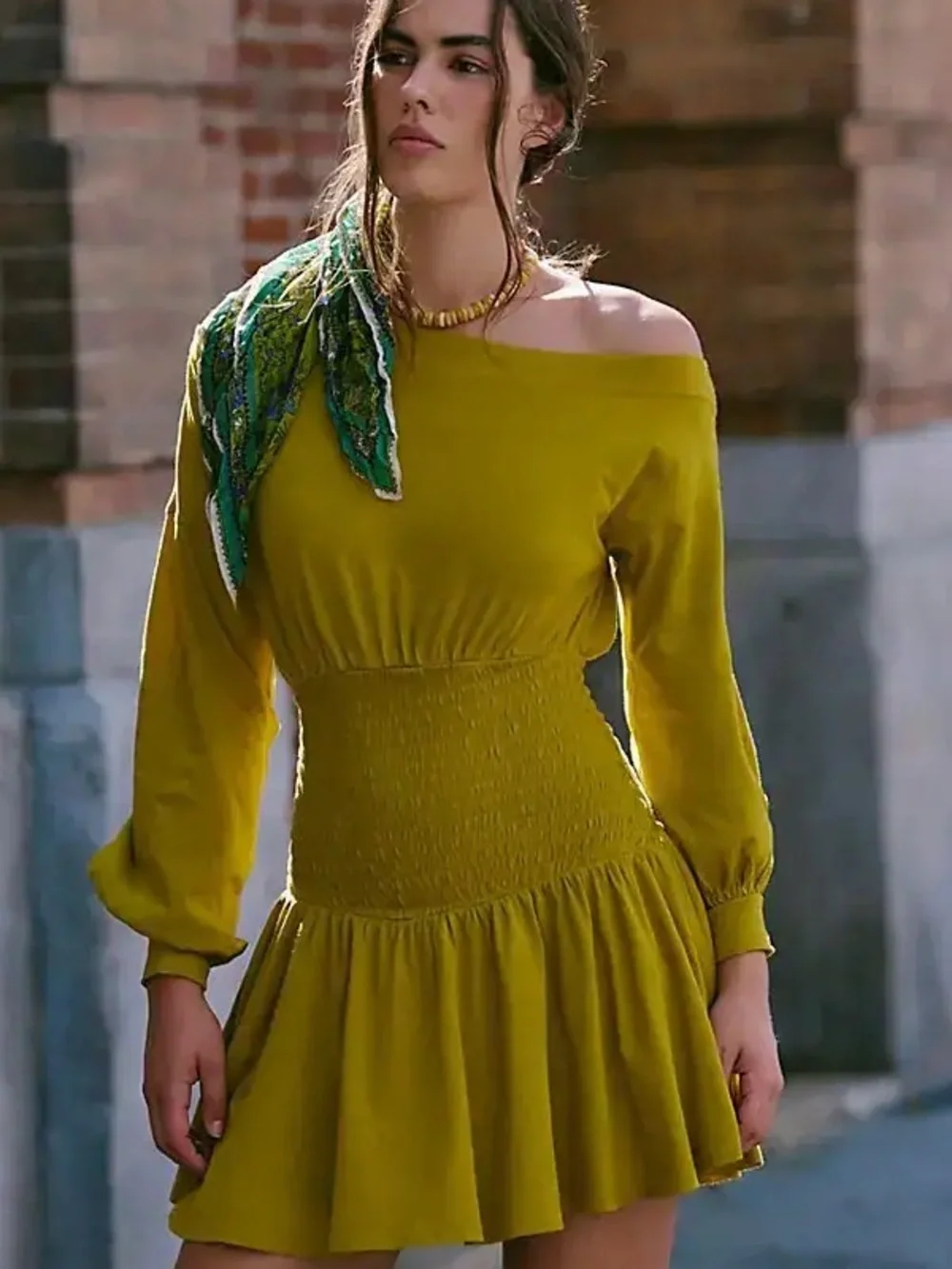 Free People Mustard Long Sleeve Smocked-Waist Dress